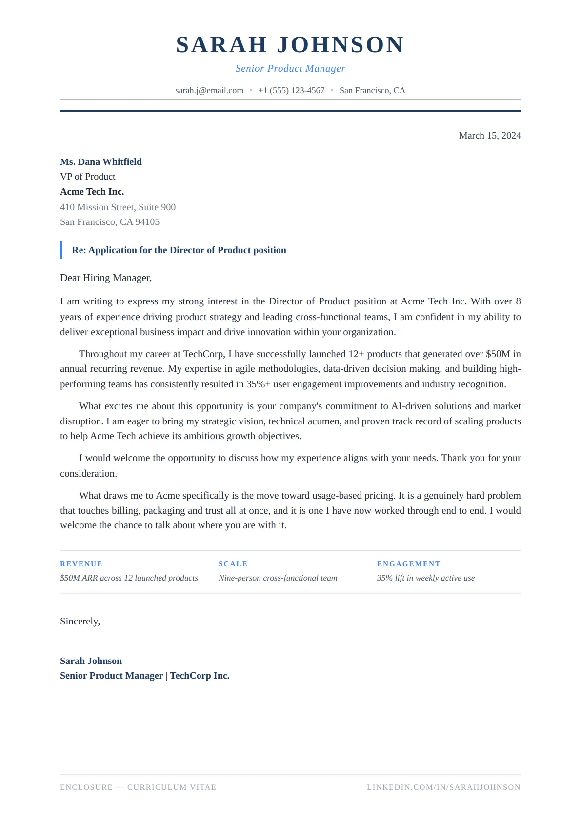 Classic Serif Cover Letter — Navy Corporate — ATS-friendly cover letter template