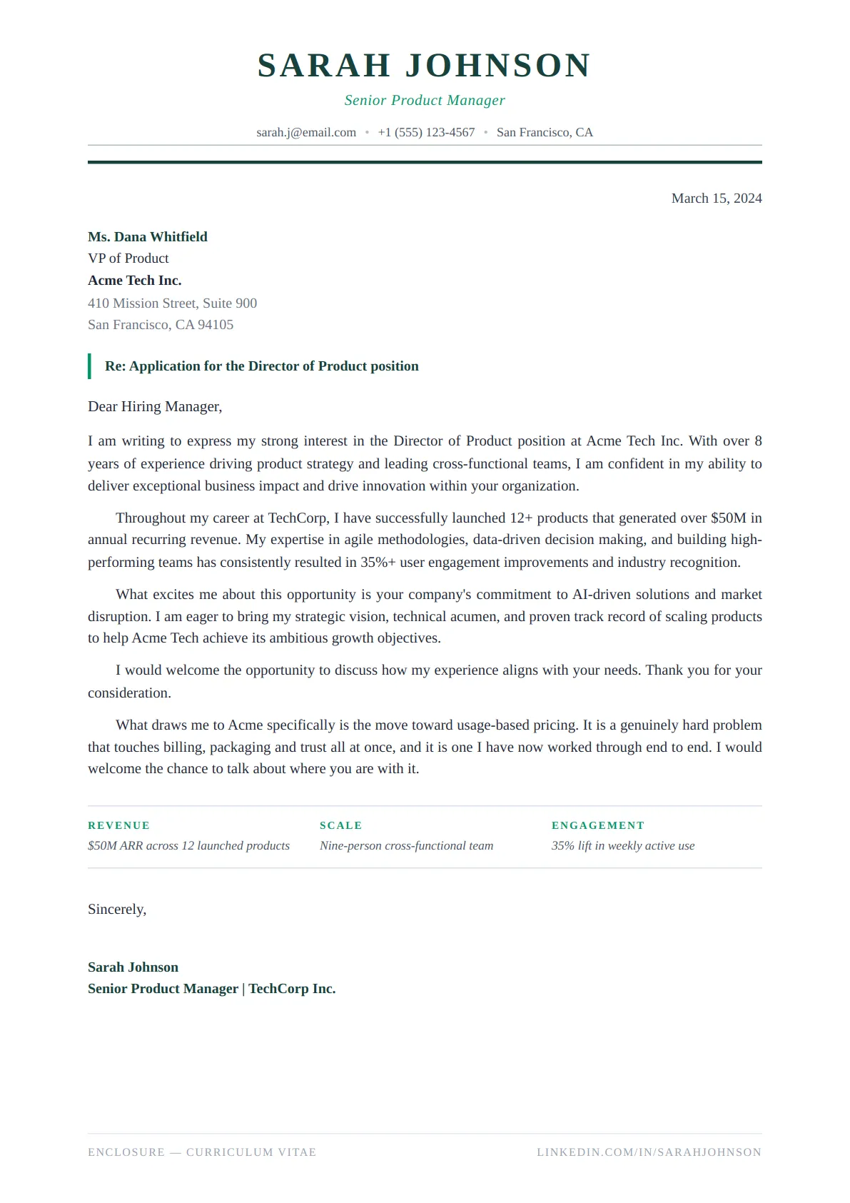 Classic Serif Cover Letter — Forest Calm — ATS-friendly cover letter template