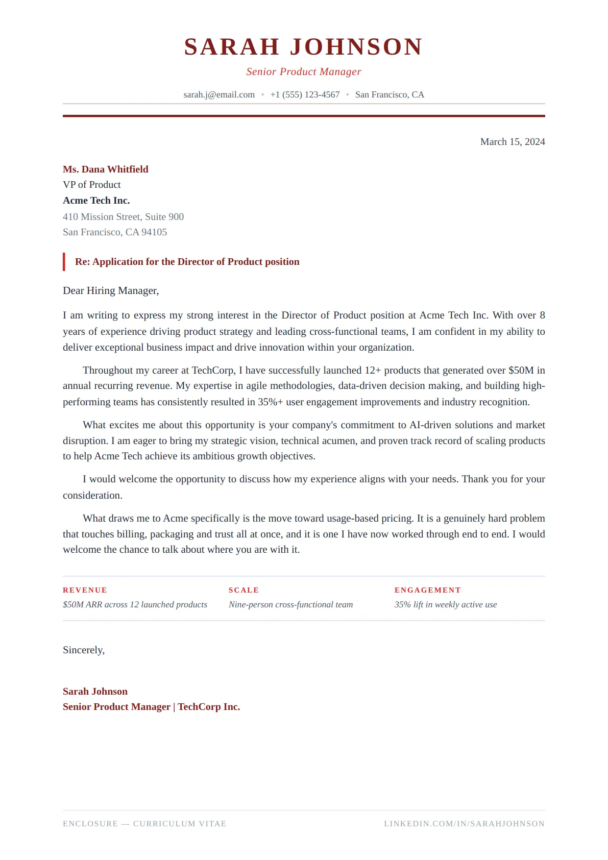 Classic Serif Cover Letter — Crimson Bold — ATS-friendly cover letter template