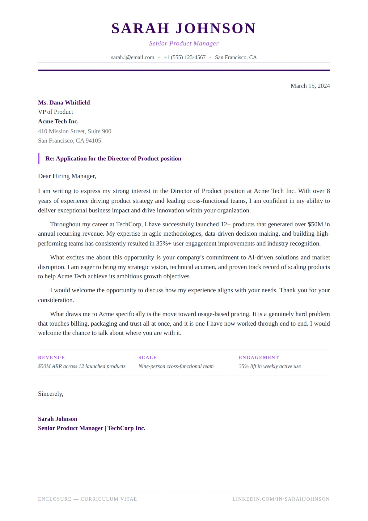 Classic Serif Cover Letter — Royal Purple — ATS-friendly cover letter template