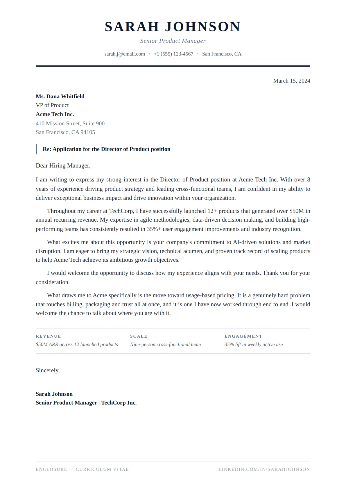 Classic Serif Cover Letter — Slate Minimal — ATS-friendly cover letter template