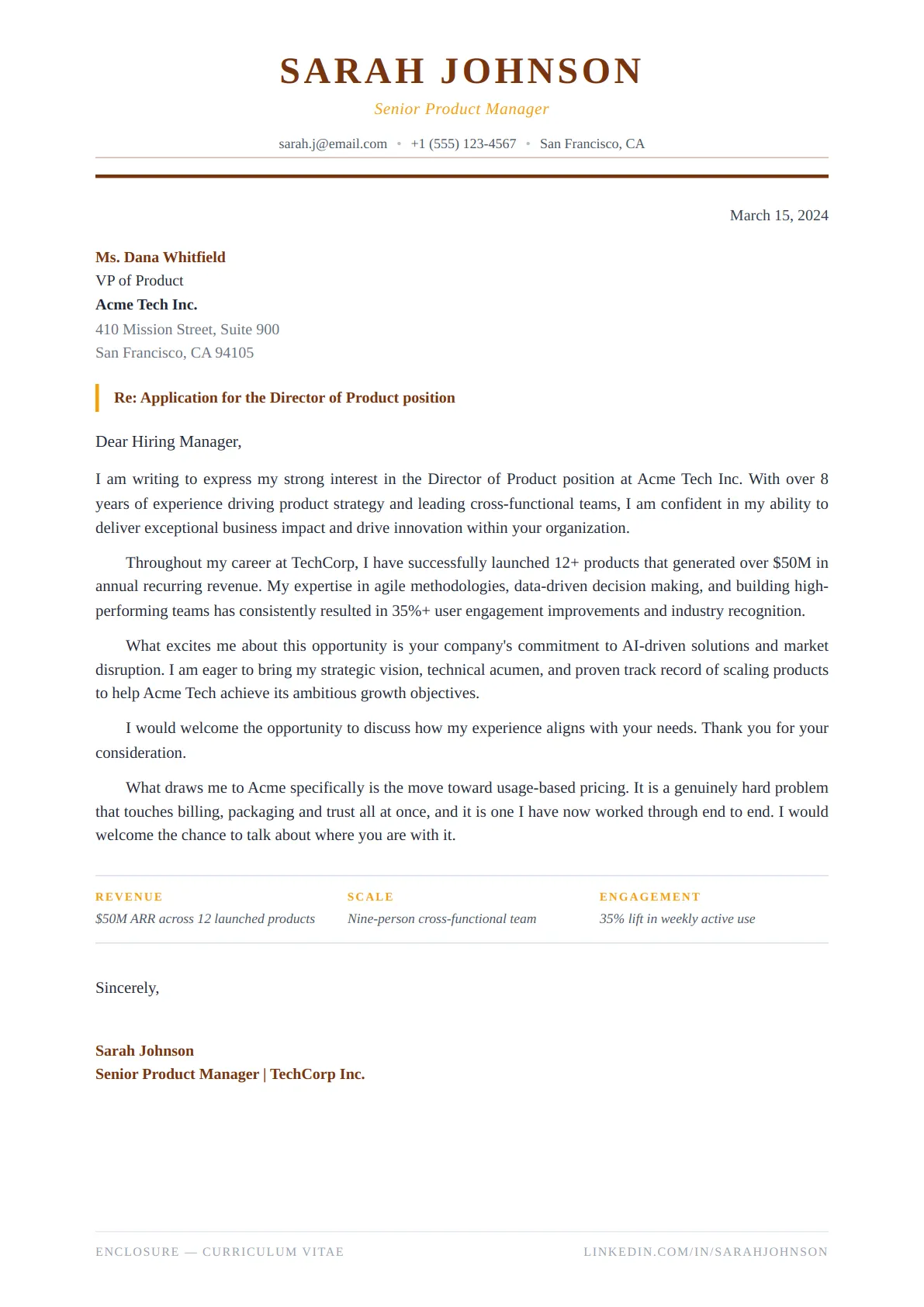 Classic Serif Cover Letter — Amber Warm — ATS-friendly cover letter template