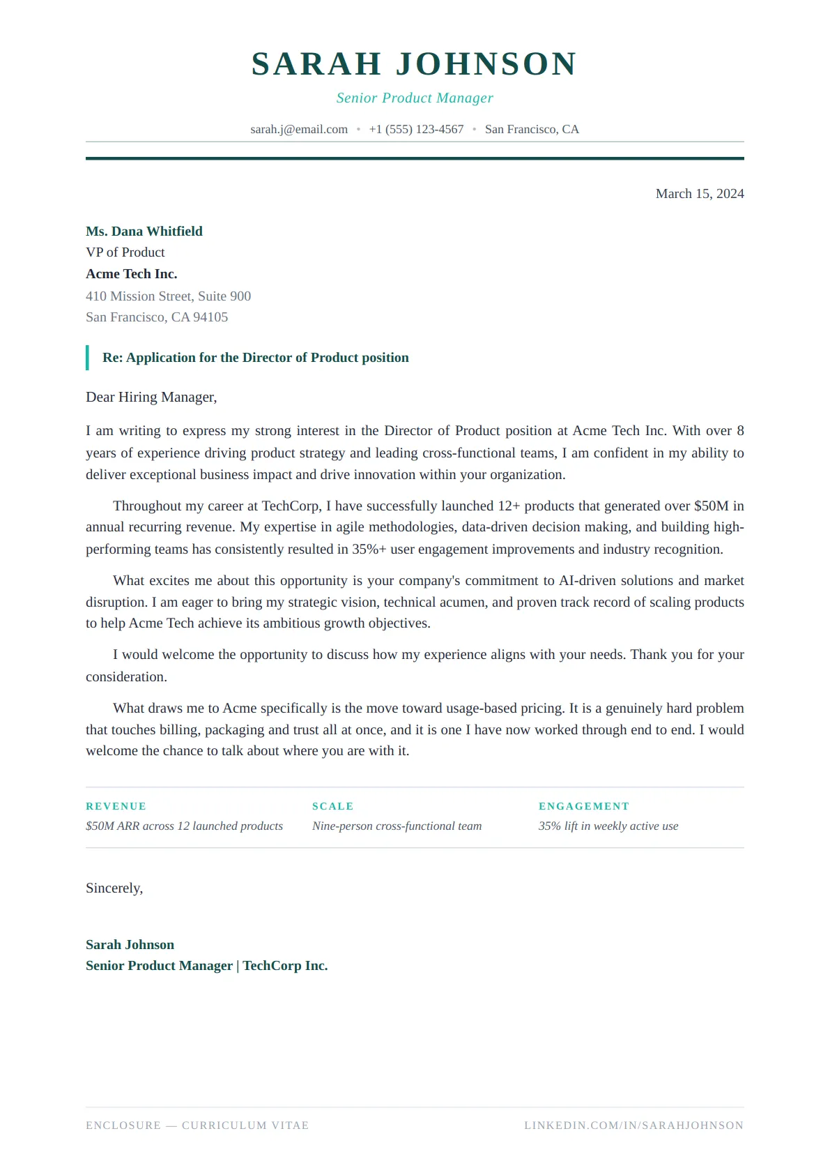 Classic Serif Cover Letter — Ocean Teal — ATS-friendly cover letter template