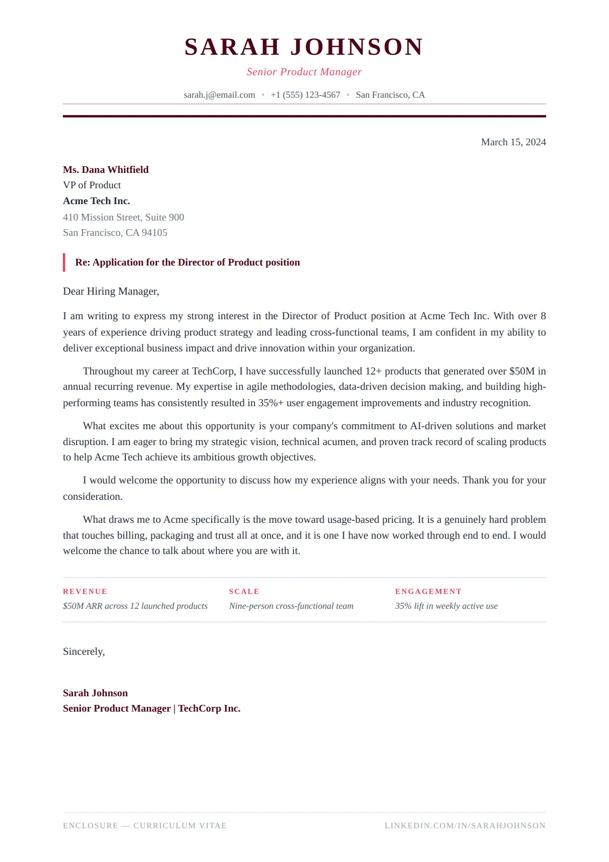 Classic Serif Cover Letter — Rose Modern — ATS-friendly cover letter template