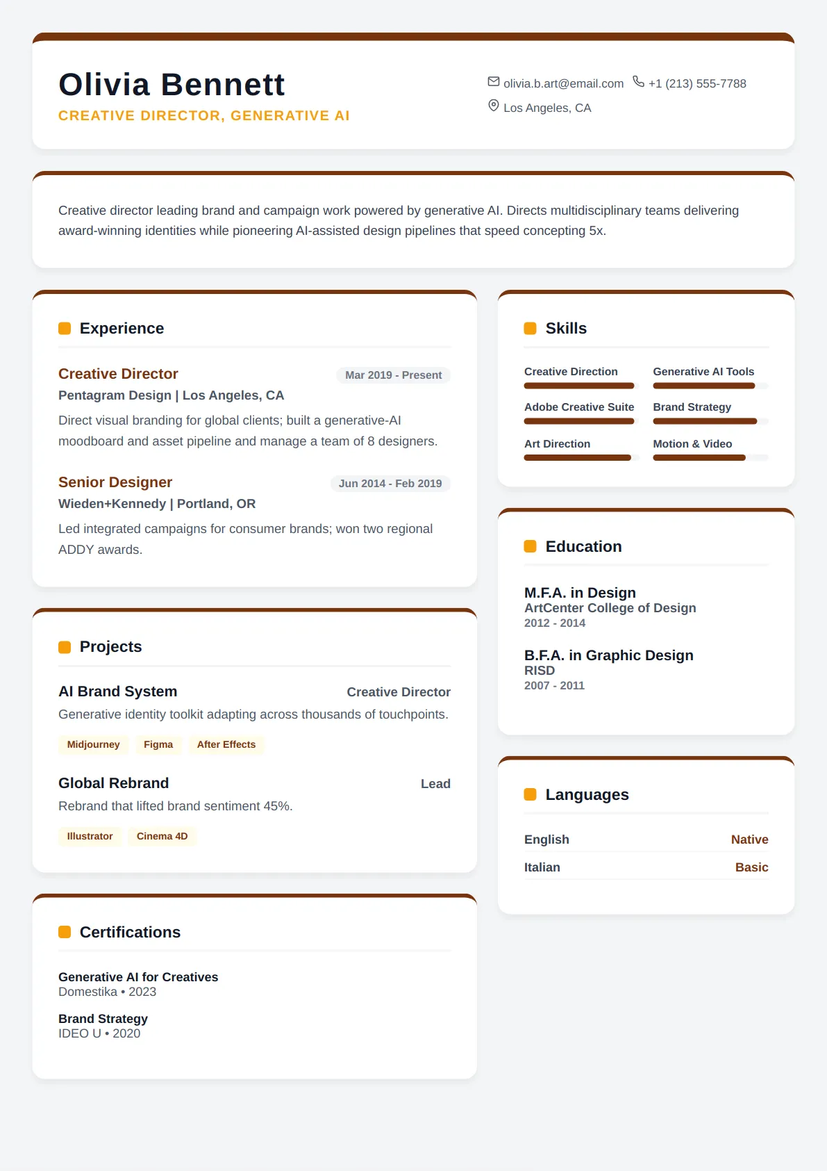 Card Grid — Amber Warm — ATS-friendly technical resume template