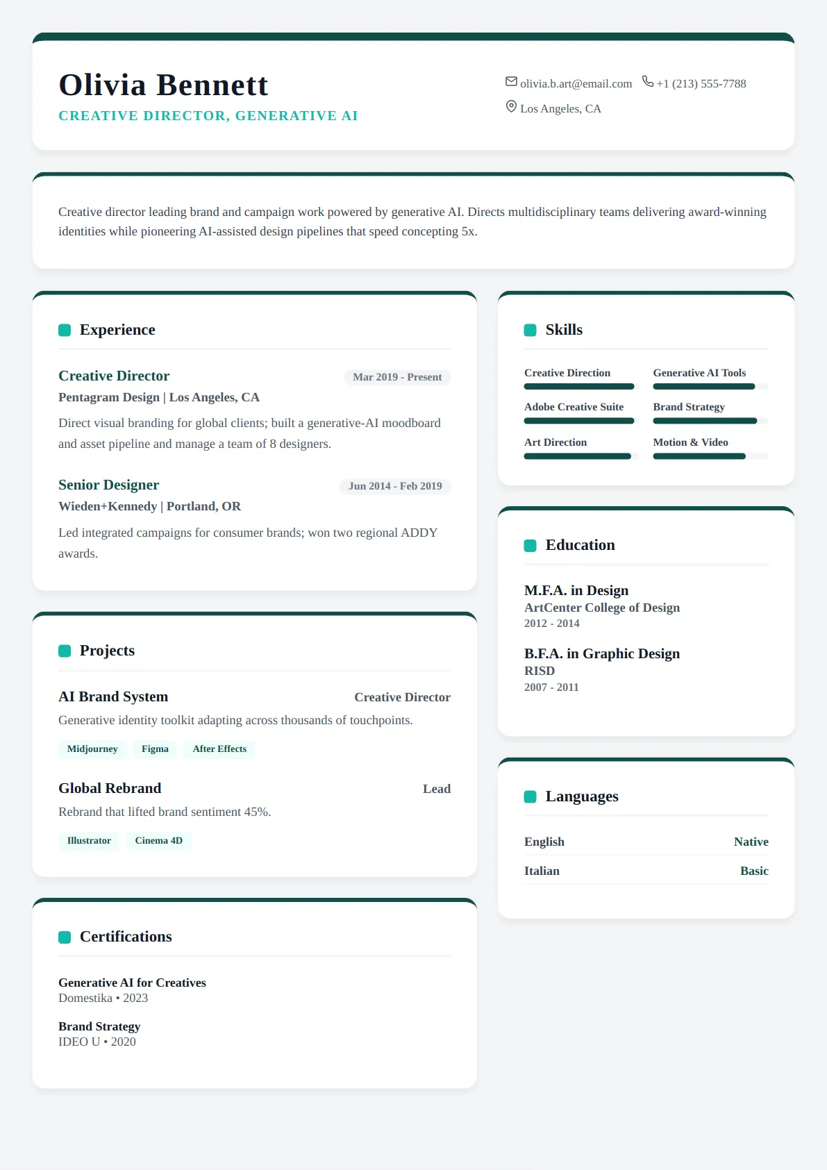 Card Grid — Ocean Teal — ATS-friendly technical resume template