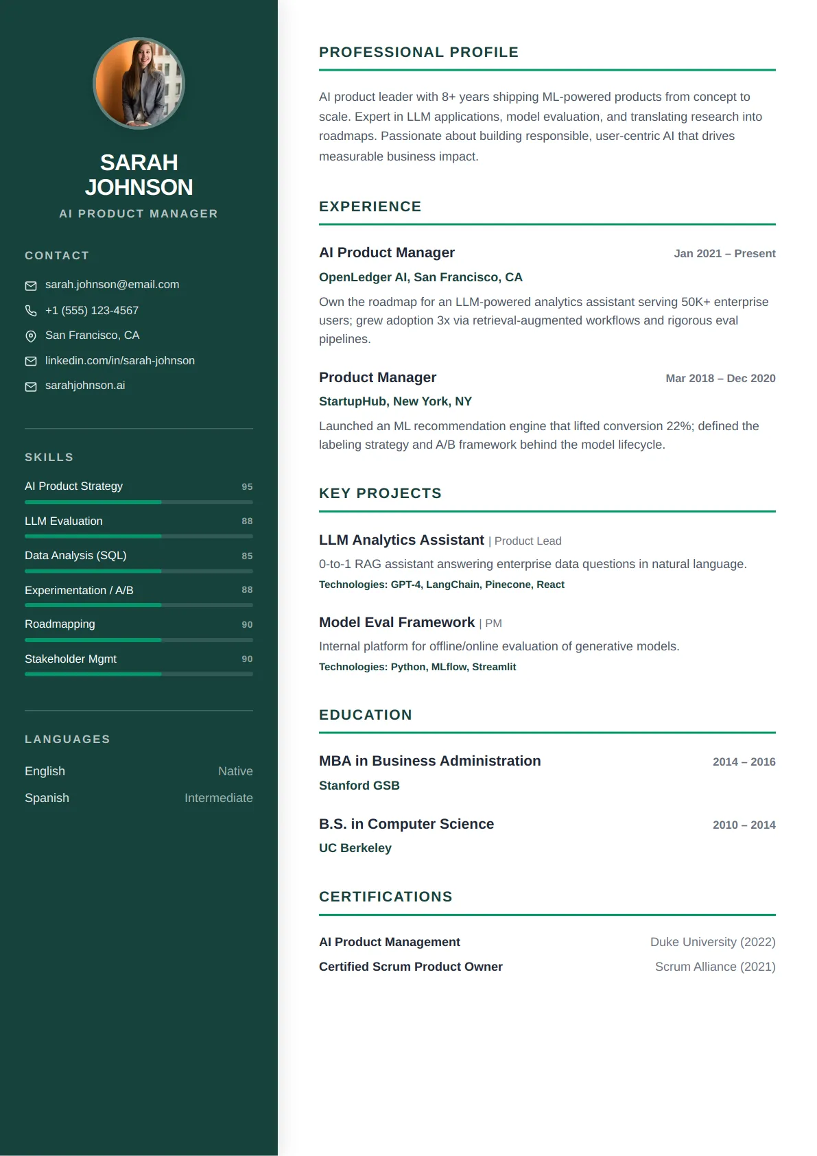 Classic Sidebar — Forest Calm — ATS-friendly resume template