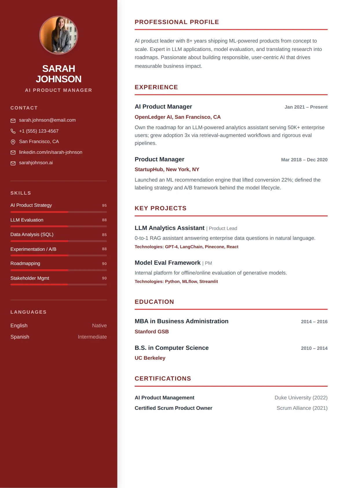 Classic Sidebar — Crimson Bold — ATS-friendly resume template