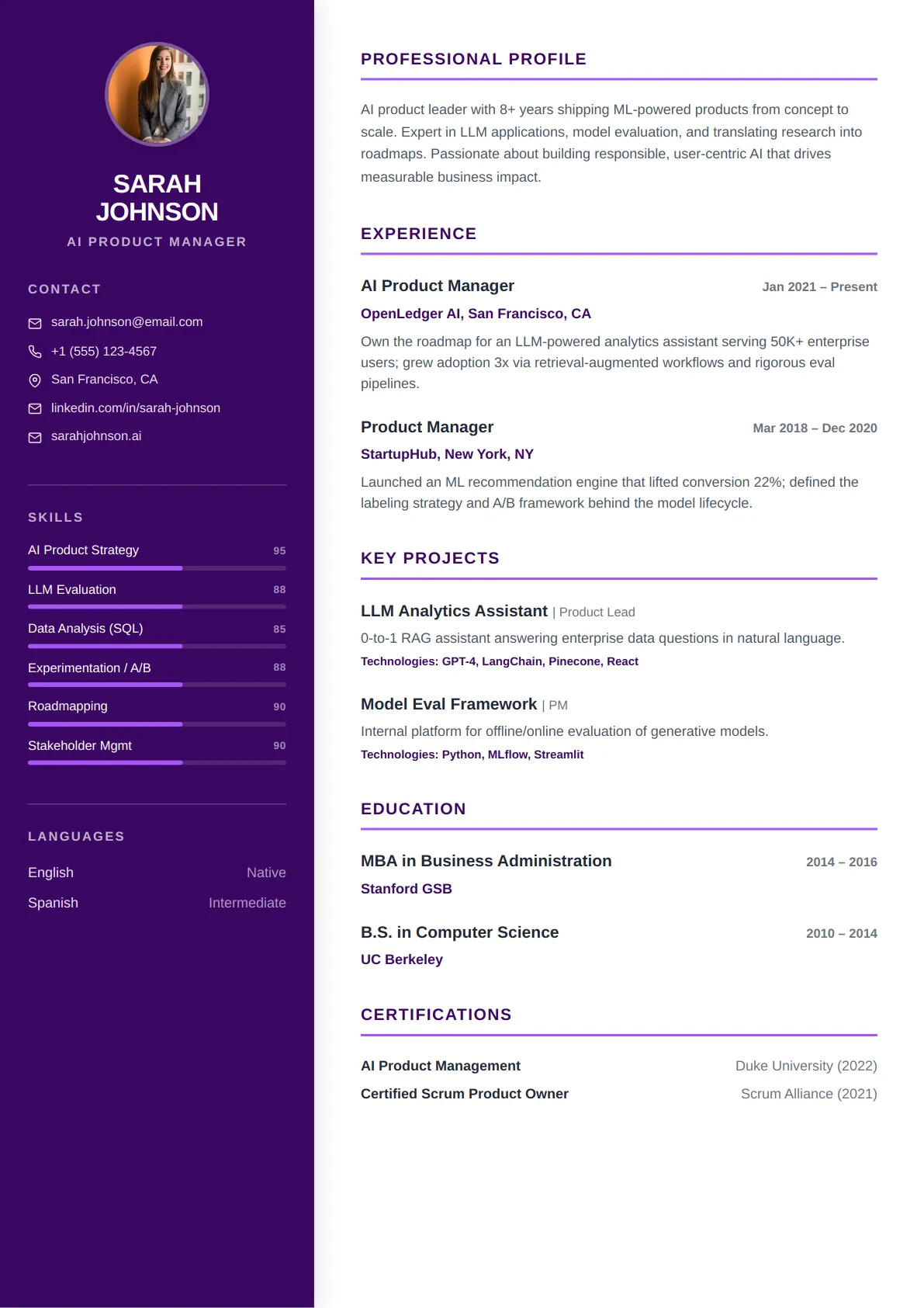 Classic Sidebar — Royal Purple — ATS-friendly resume template