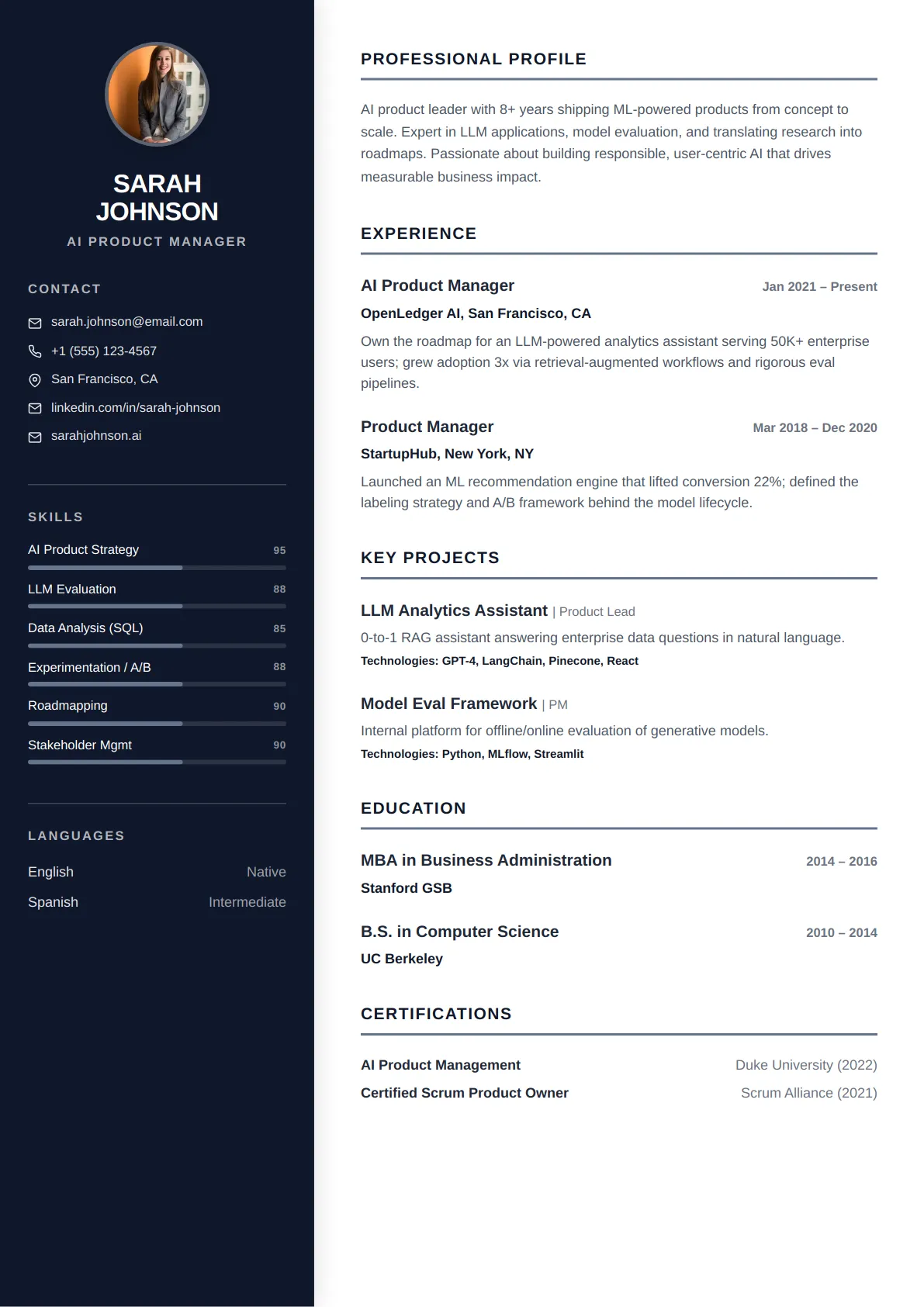 Classic Sidebar — Slate Minimal — ATS-friendly resume template