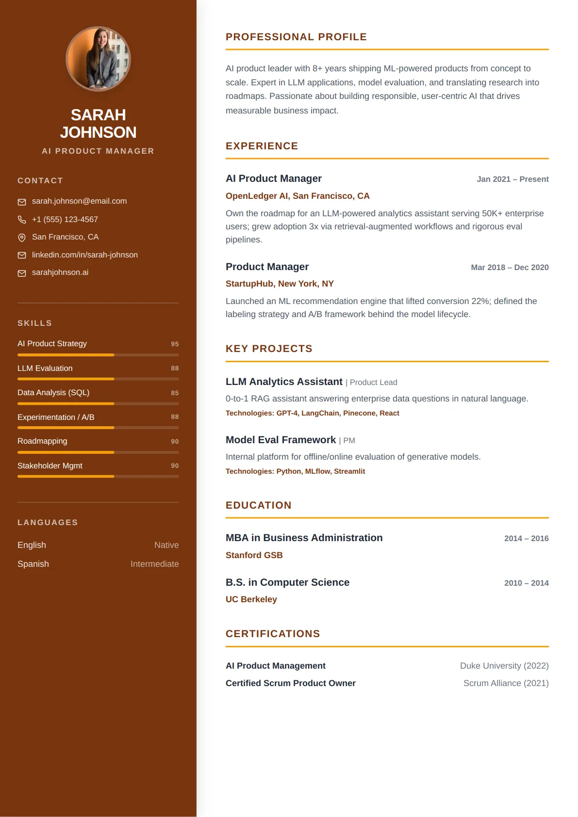 Classic Sidebar — Amber Warm — ATS-friendly resume template