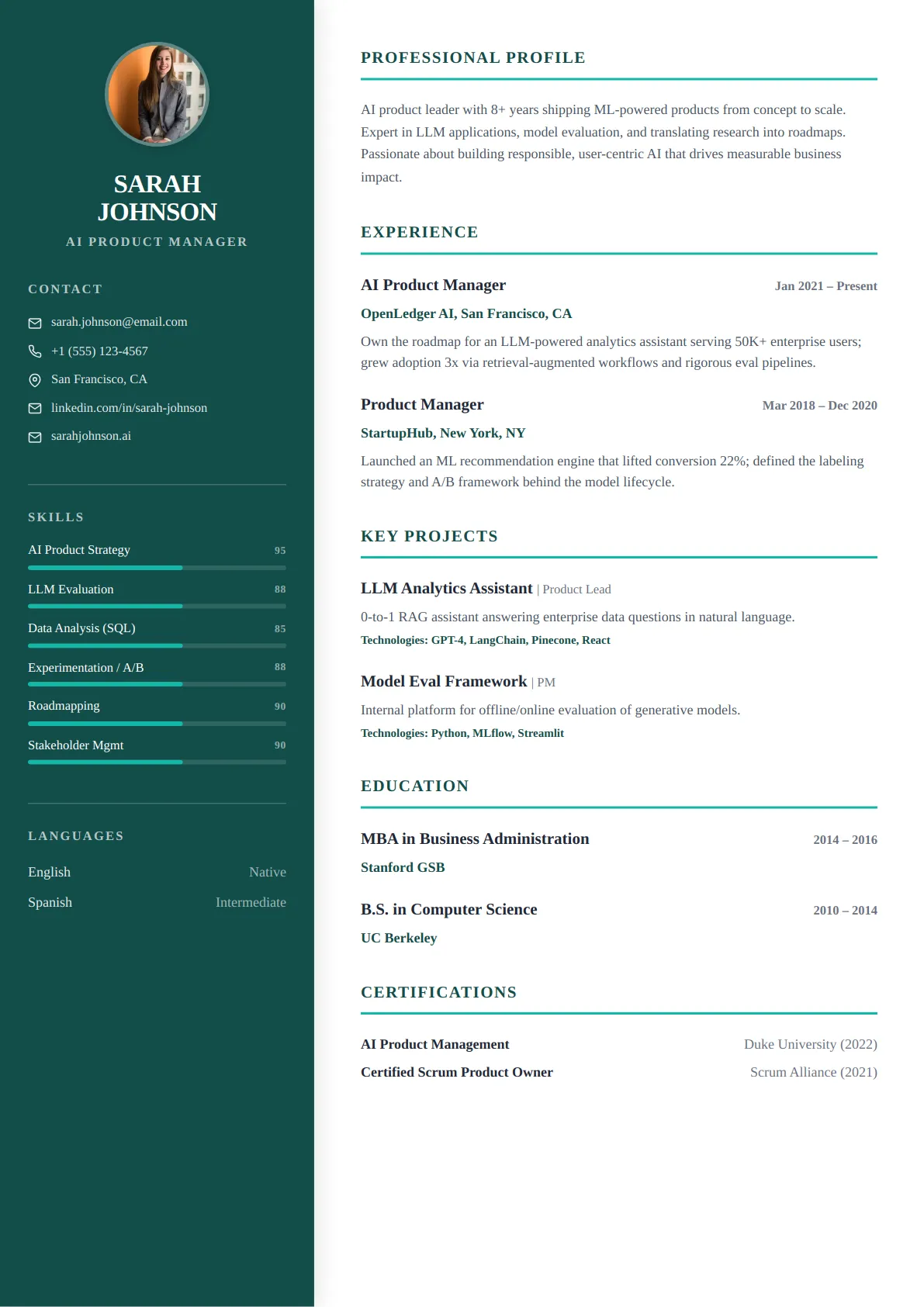 Classic Sidebar — Ocean Teal — ATS-friendly resume template