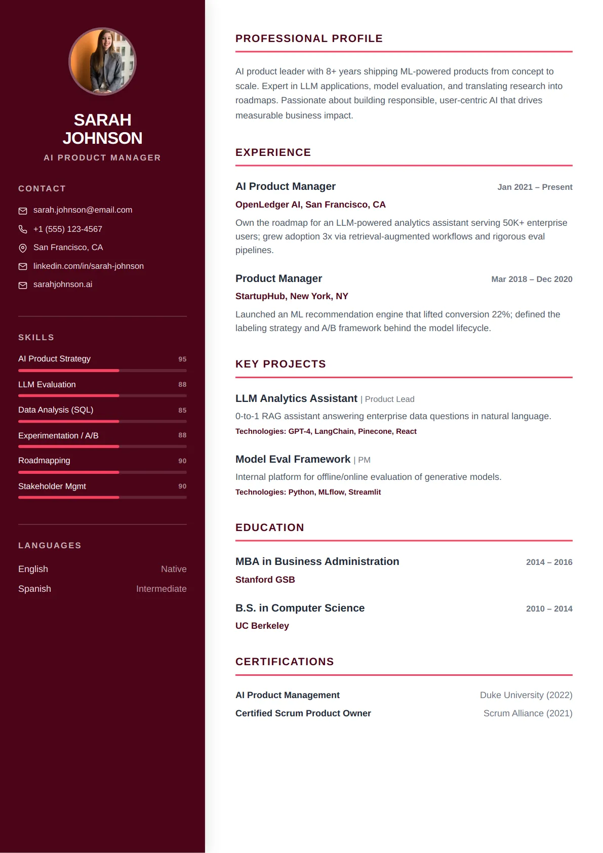 Classic Sidebar — Rose Modern — ATS-friendly resume template