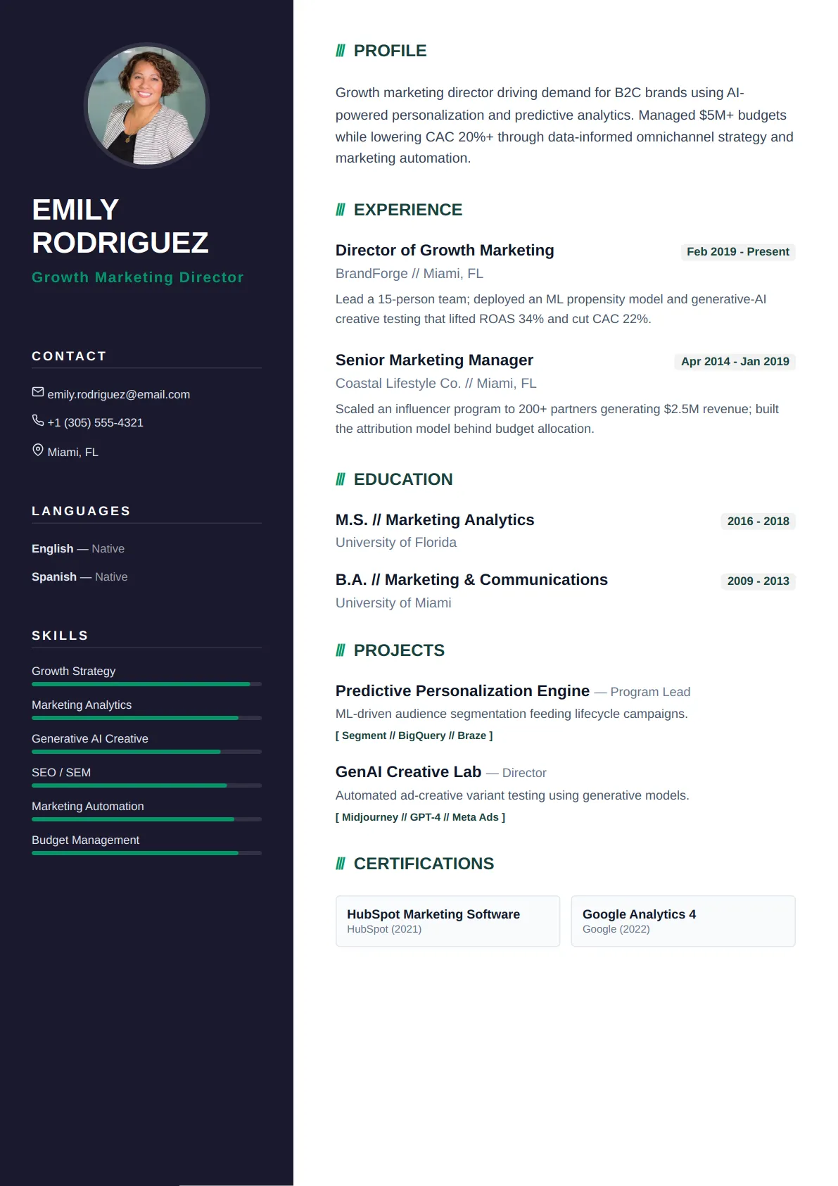 Dark Sidebar — Forest Calm — ATS-friendly student resume template