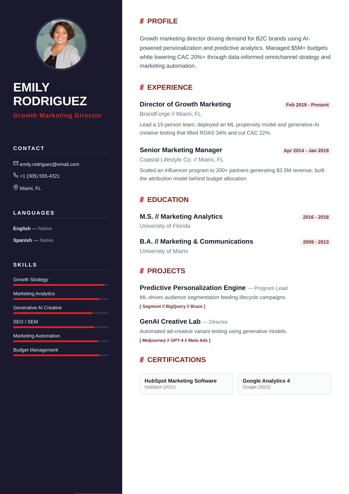 Dark Sidebar — Crimson Bold — ATS-friendly student resume template