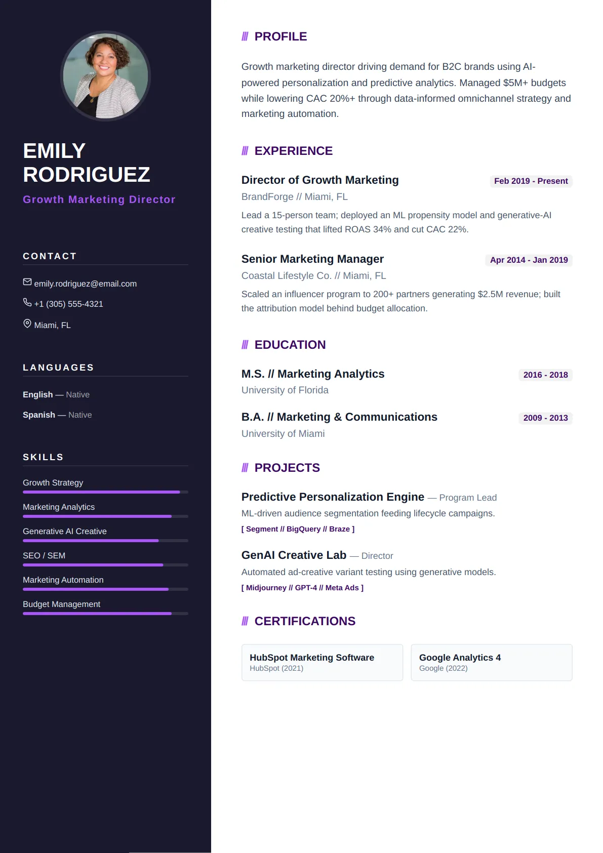 Dark Sidebar — Royal Purple — ATS-friendly student resume template