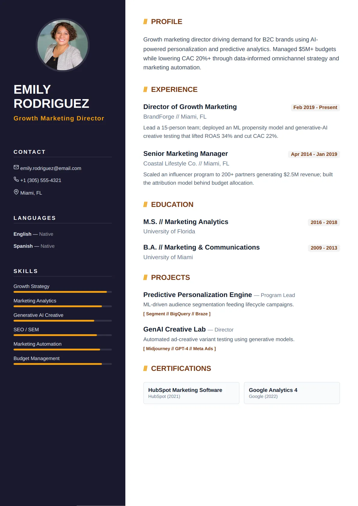 Dark Sidebar — Amber Warm — ATS-friendly modern resume template
