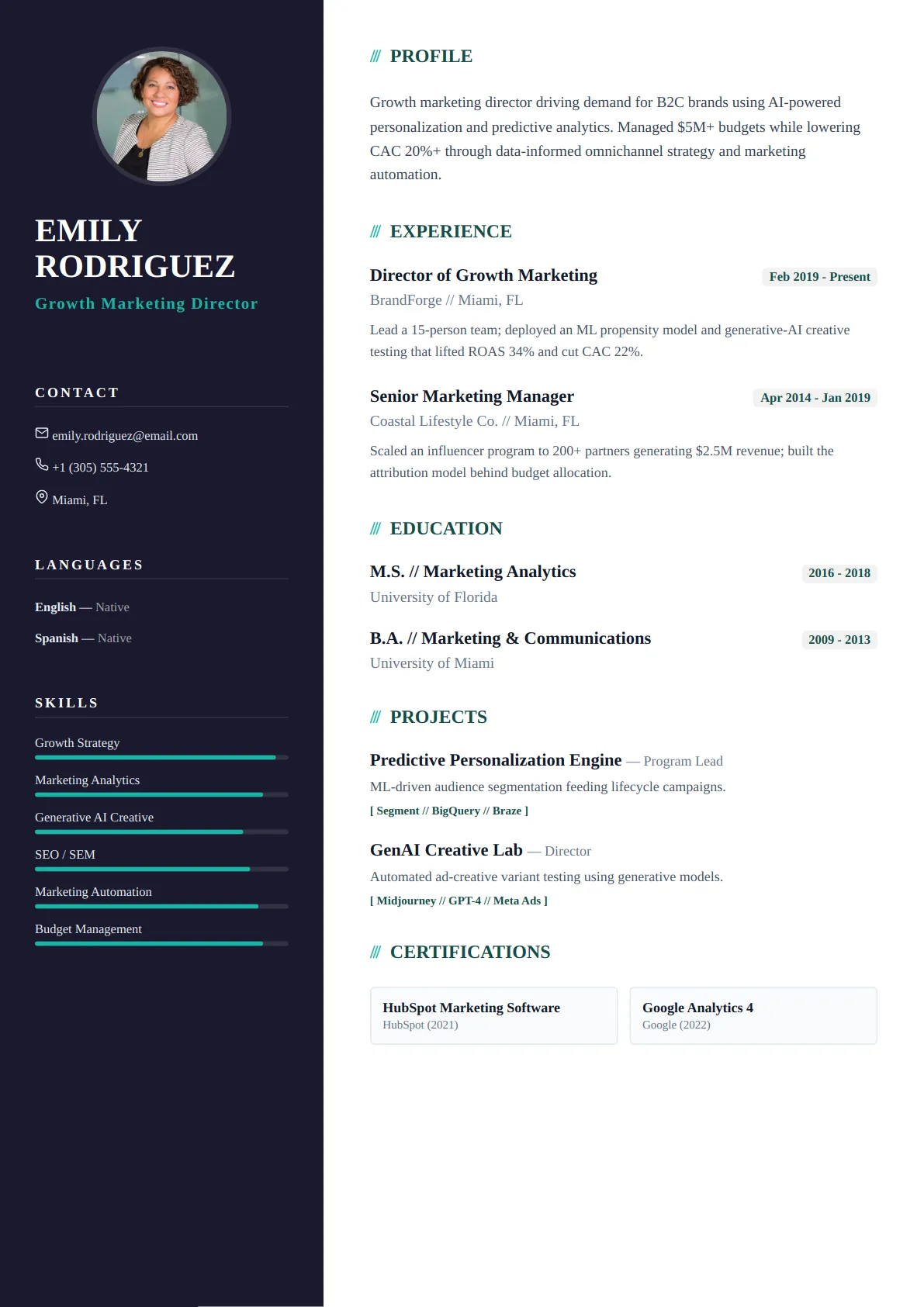 Dark Sidebar — Ocean Teal — ATS-friendly modern resume template