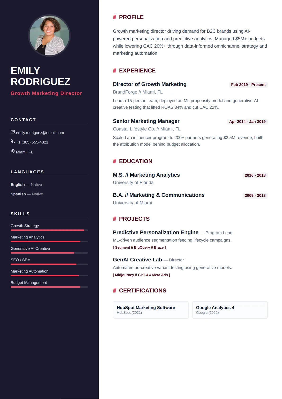 Dark Sidebar — Rose Modern — ATS-friendly modern resume template