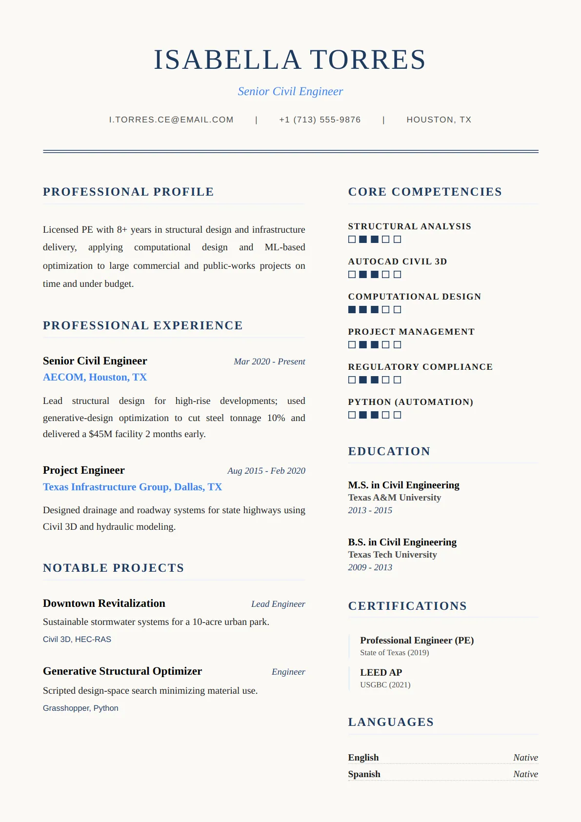 Executive Two Col — Navy Corporate