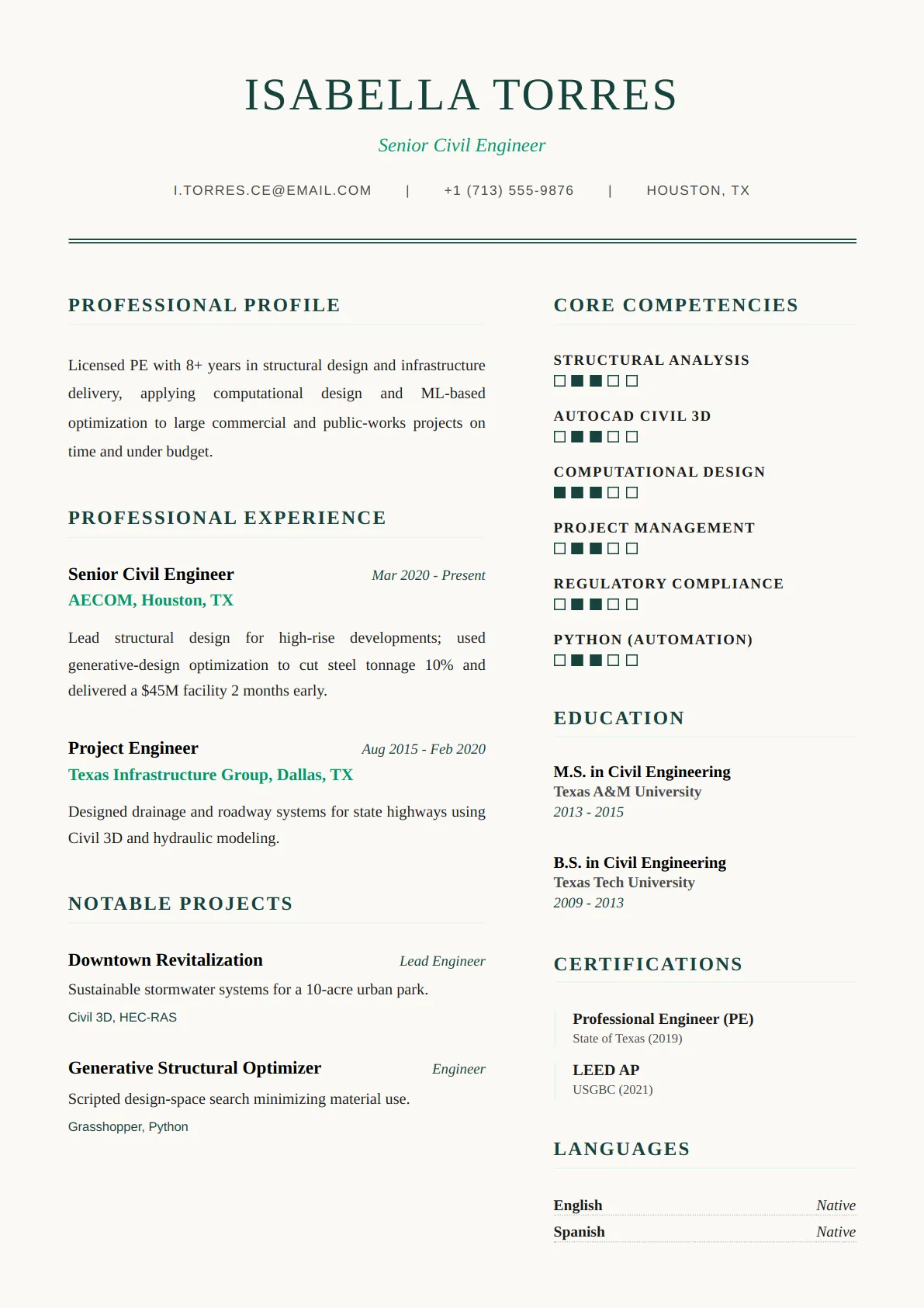 Executive Two Col — Forest Calm — ATS-friendly finance & legal resume template