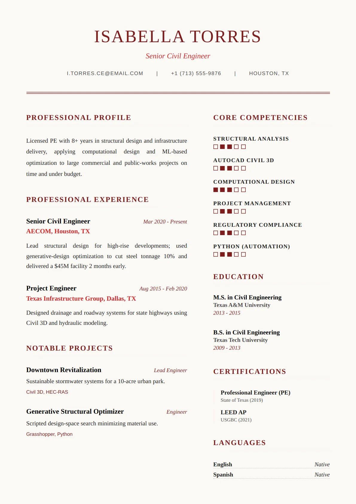 Executive Two Col — Crimson Bold — ATS-friendly finance & legal resume template