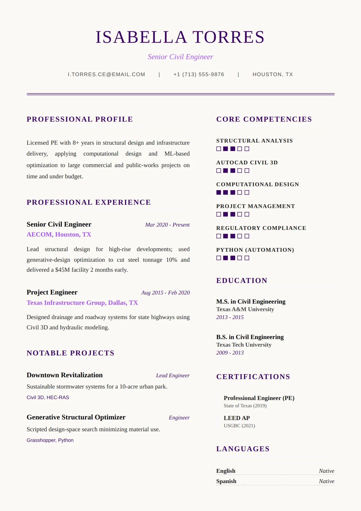 Executive Two Col — Royal Purple — ATS-friendly finance & legal resume template