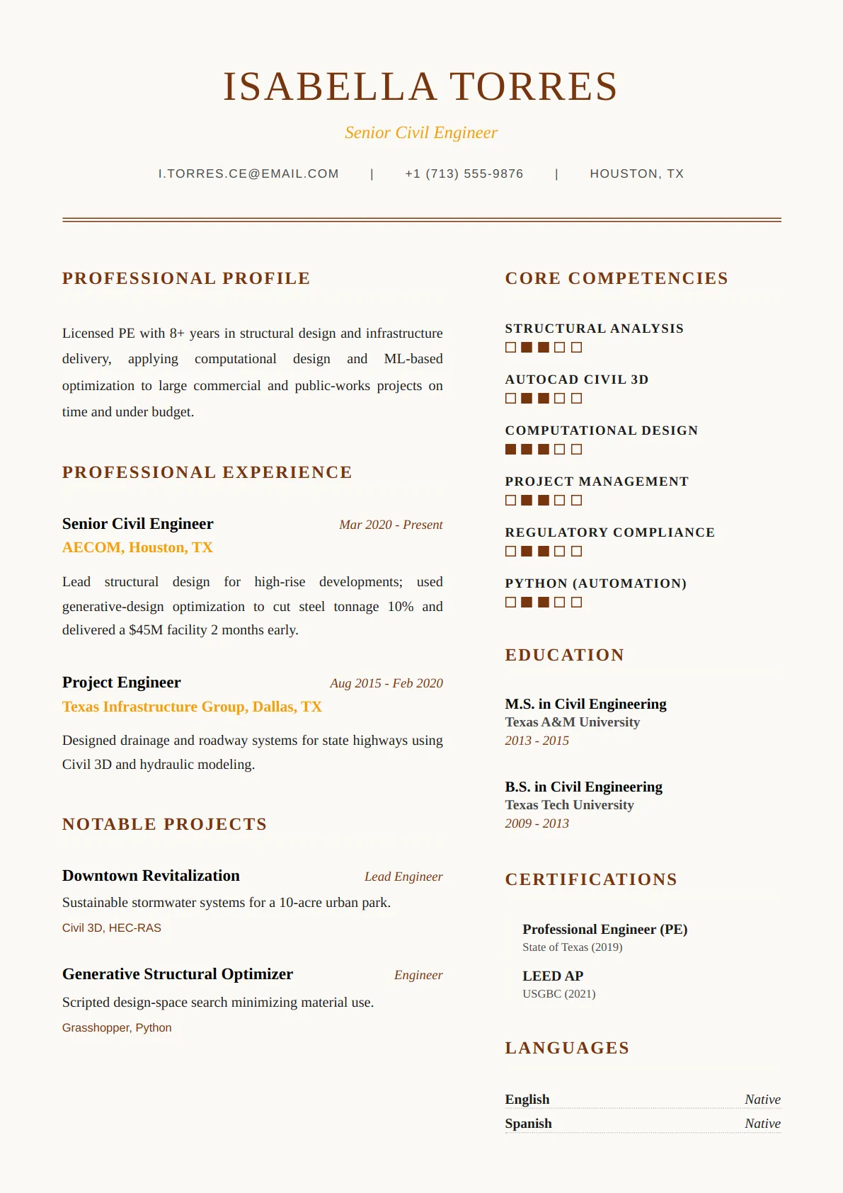 Executive Two Col — Amber Warm — ATS-friendly executive resume template