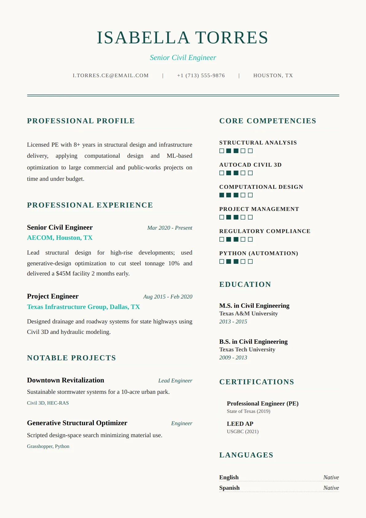 Executive Two Col — Ocean Teal — ATS-friendly executive resume template