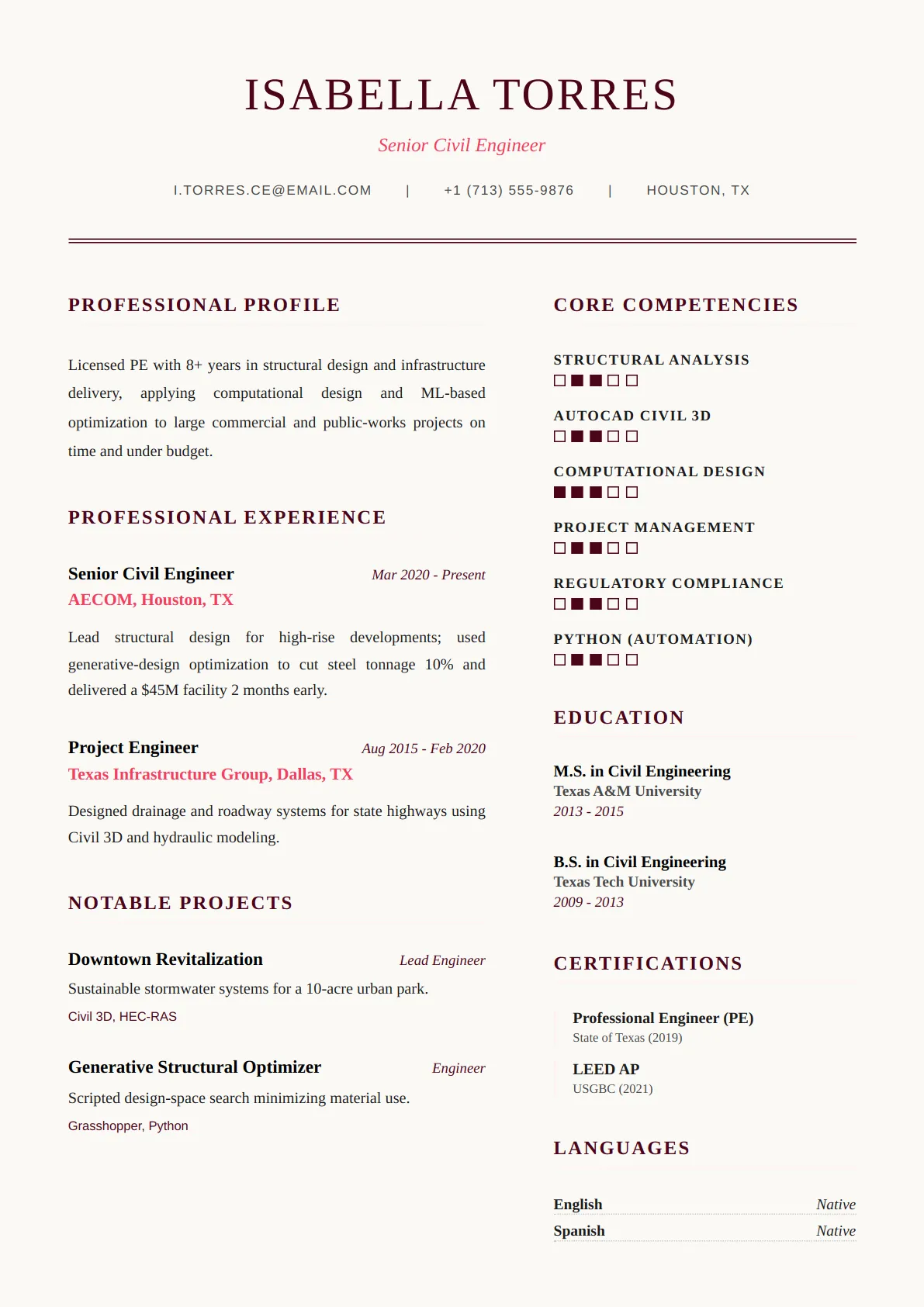 Executive Two Col — Rose Modern — ATS-friendly executive resume template