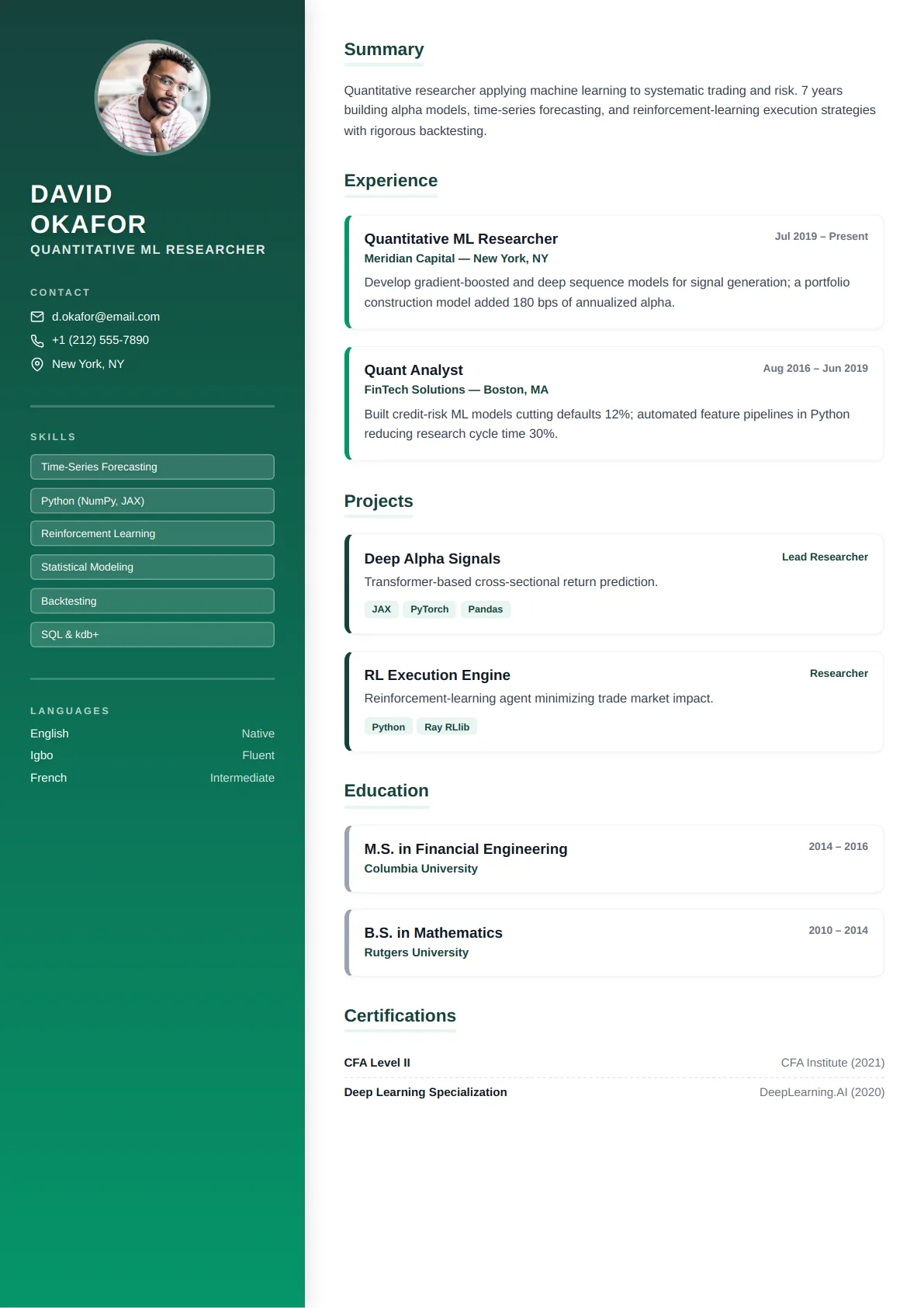 Gradient Sidebar — Forest Calm — ATS-friendly creative resume template