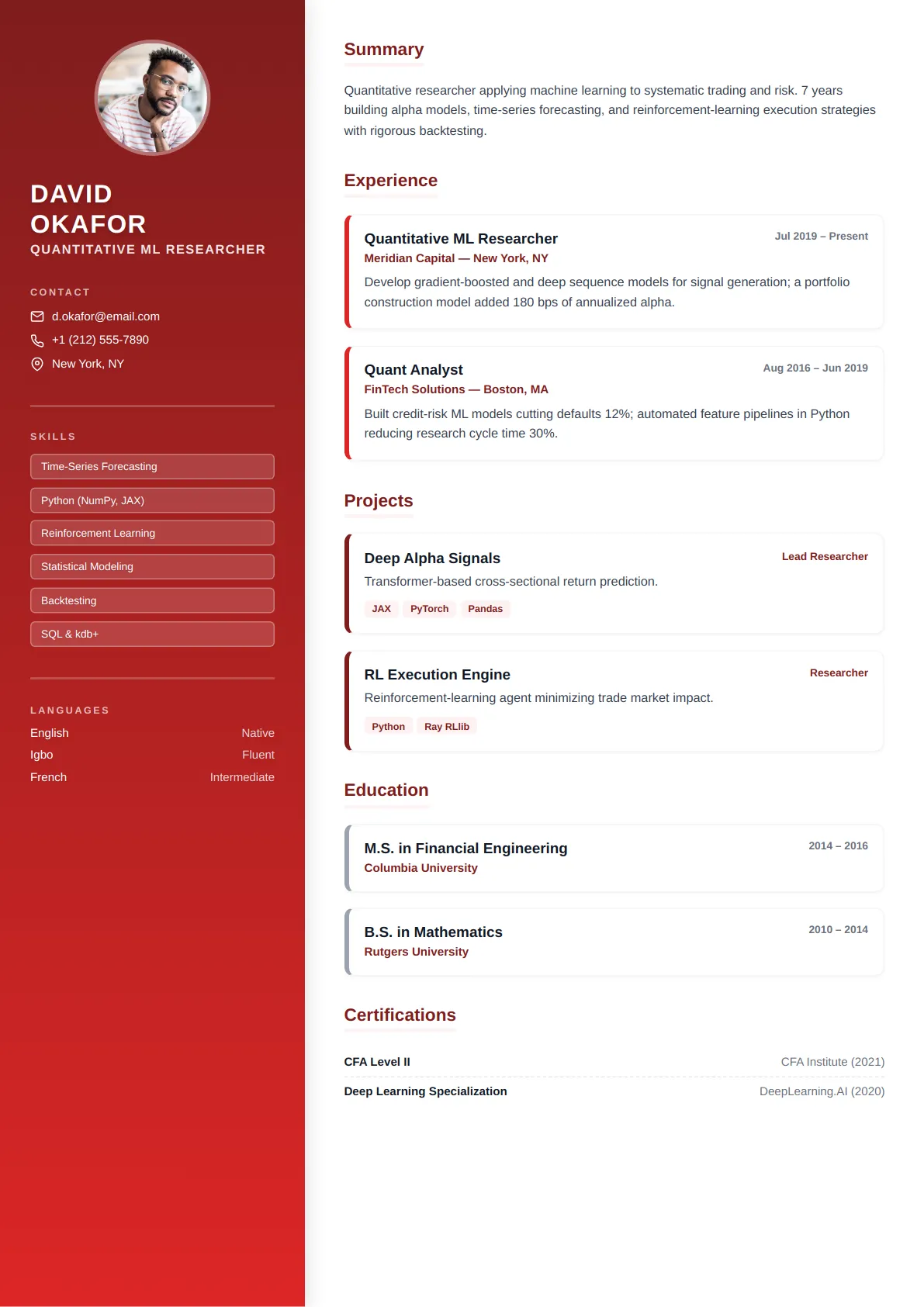 Gradient Sidebar — Crimson Bold — ATS-friendly creative resume template