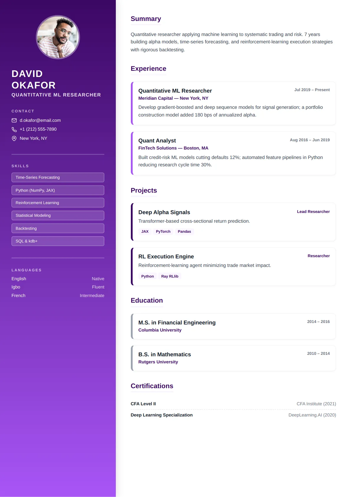 Gradient Sidebar — Royal Purple — ATS-friendly creative resume template