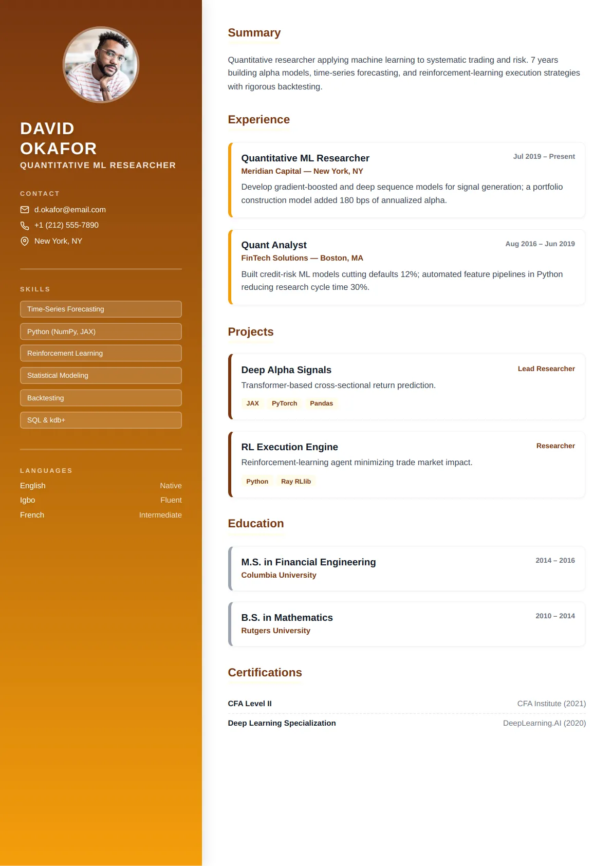 Gradient Sidebar — Amber Warm — ATS-friendly creative resume template