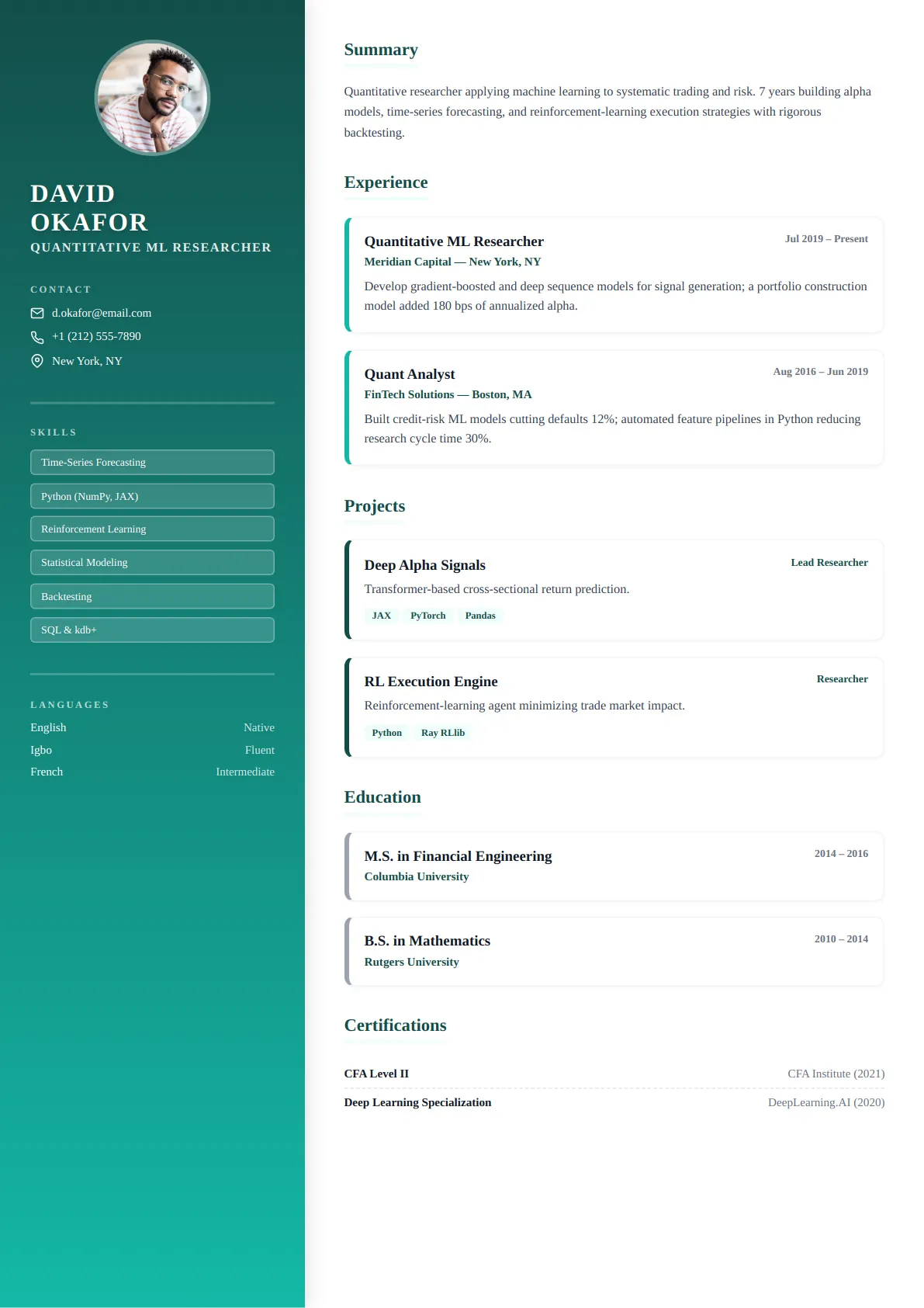 Gradient Sidebar — Ocean Teal — ATS-friendly creative resume template