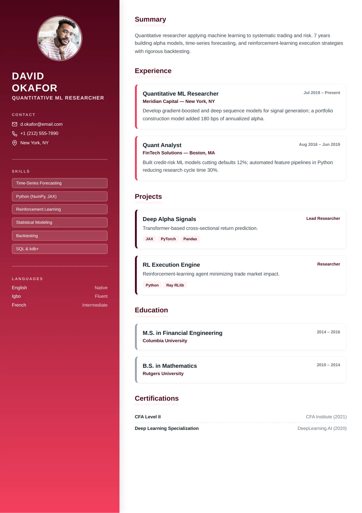 Gradient Sidebar — Rose Modern — ATS-friendly creative resume template