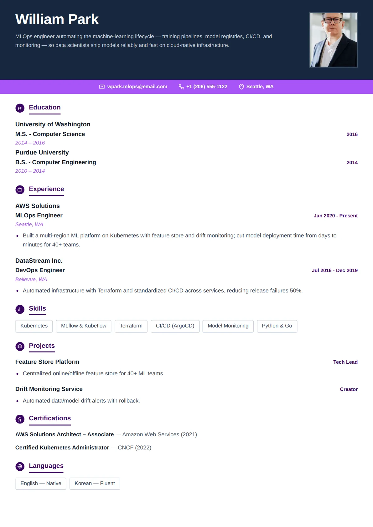Magnetic Metrics — Royal Purple — ATS-friendly sales & marketing resume template