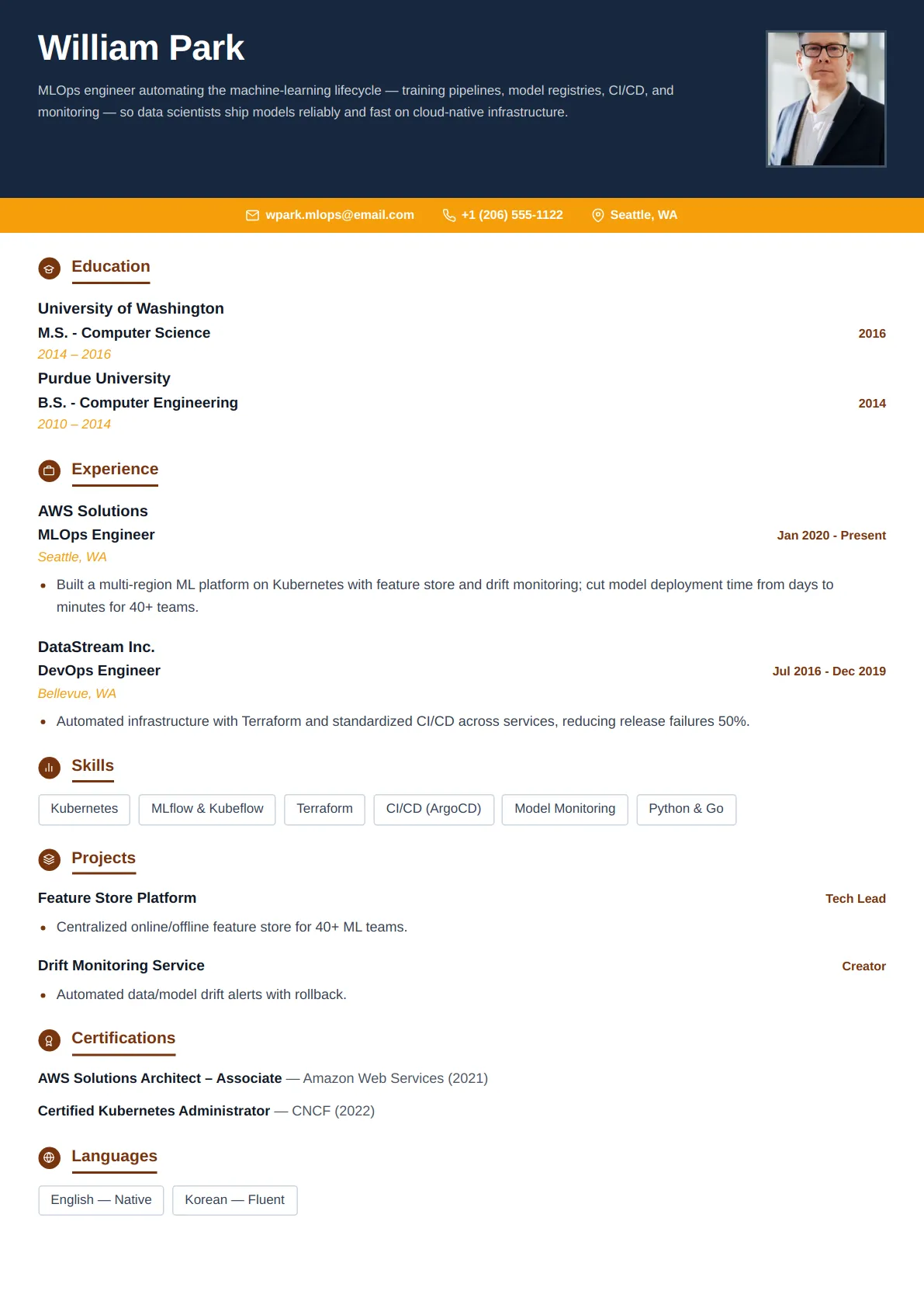 Magnetic Metrics — Amber Warm — ATS-friendly sales & marketing resume template