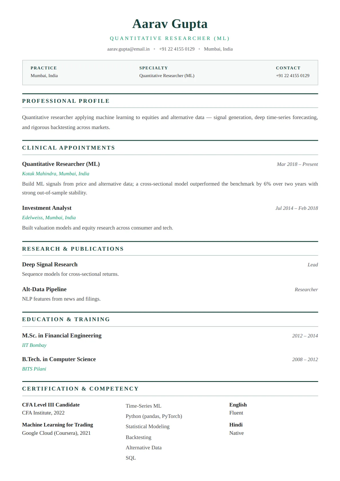 Medical Practitioner — Forest Calm — ATS-friendly healthcare resume template