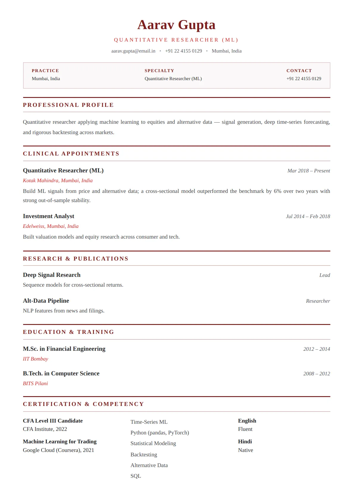 Medical Practitioner — Crimson Bold — ATS-friendly healthcare resume template
