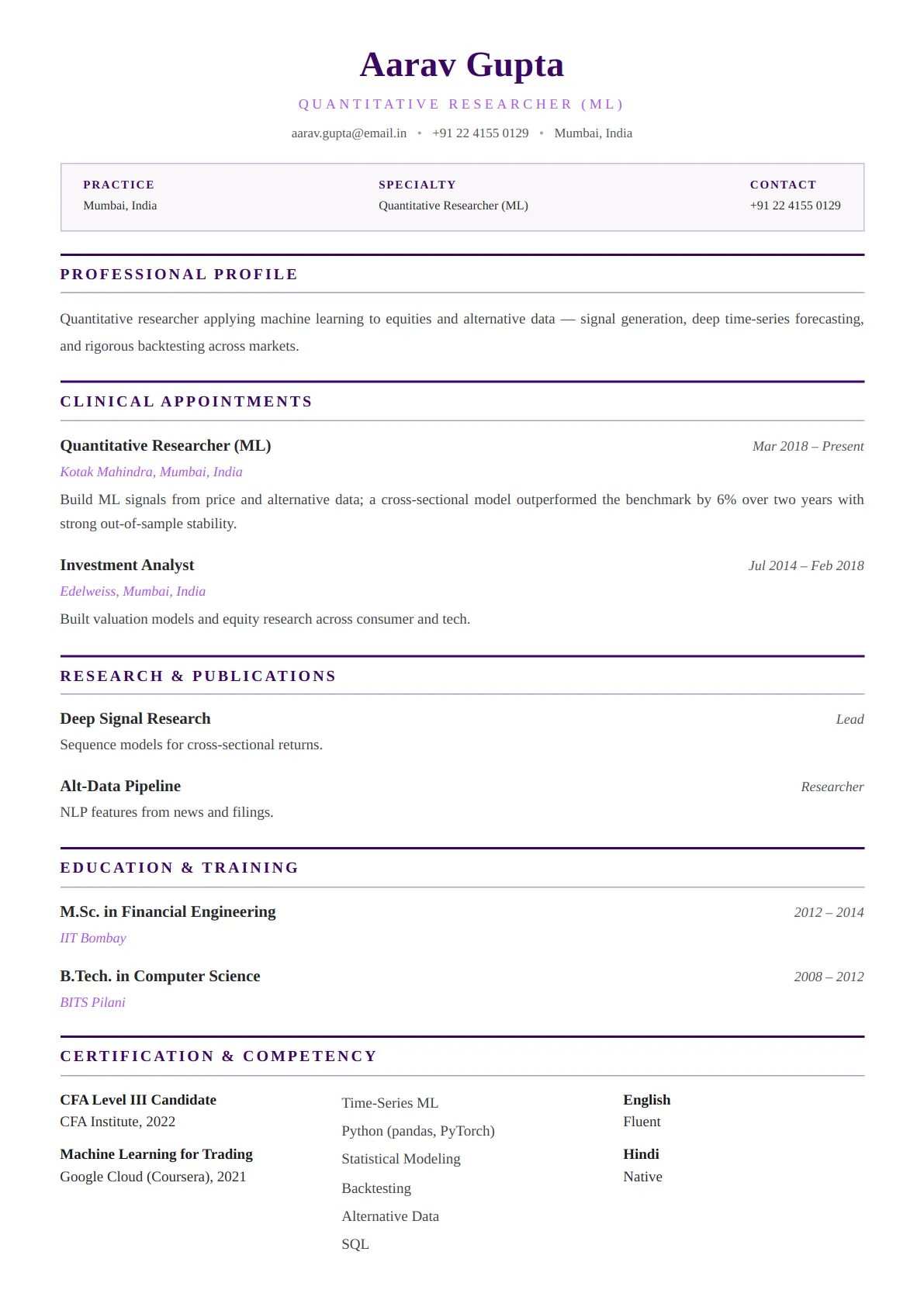 Medical Practitioner — Royal Purple — ATS-friendly healthcare resume template