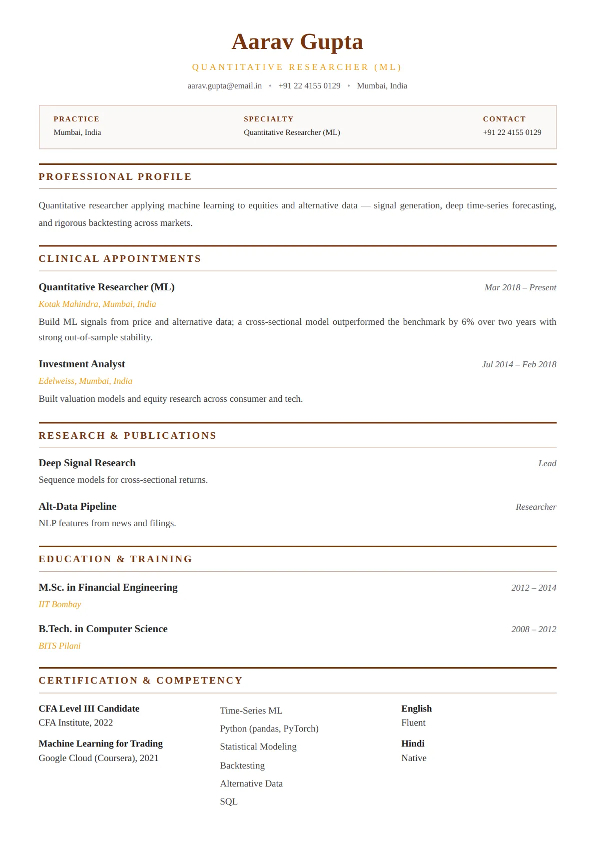 Medical Practitioner — Amber Warm — ATS-friendly healthcare resume template