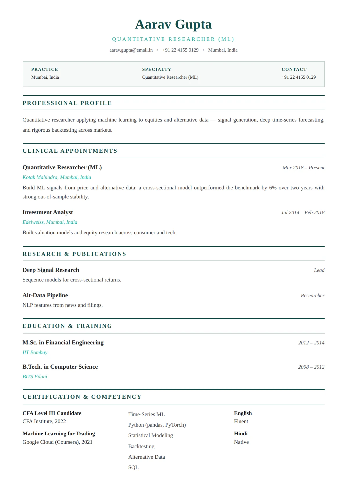 Medical Practitioner — Ocean Teal — ATS-friendly healthcare resume template