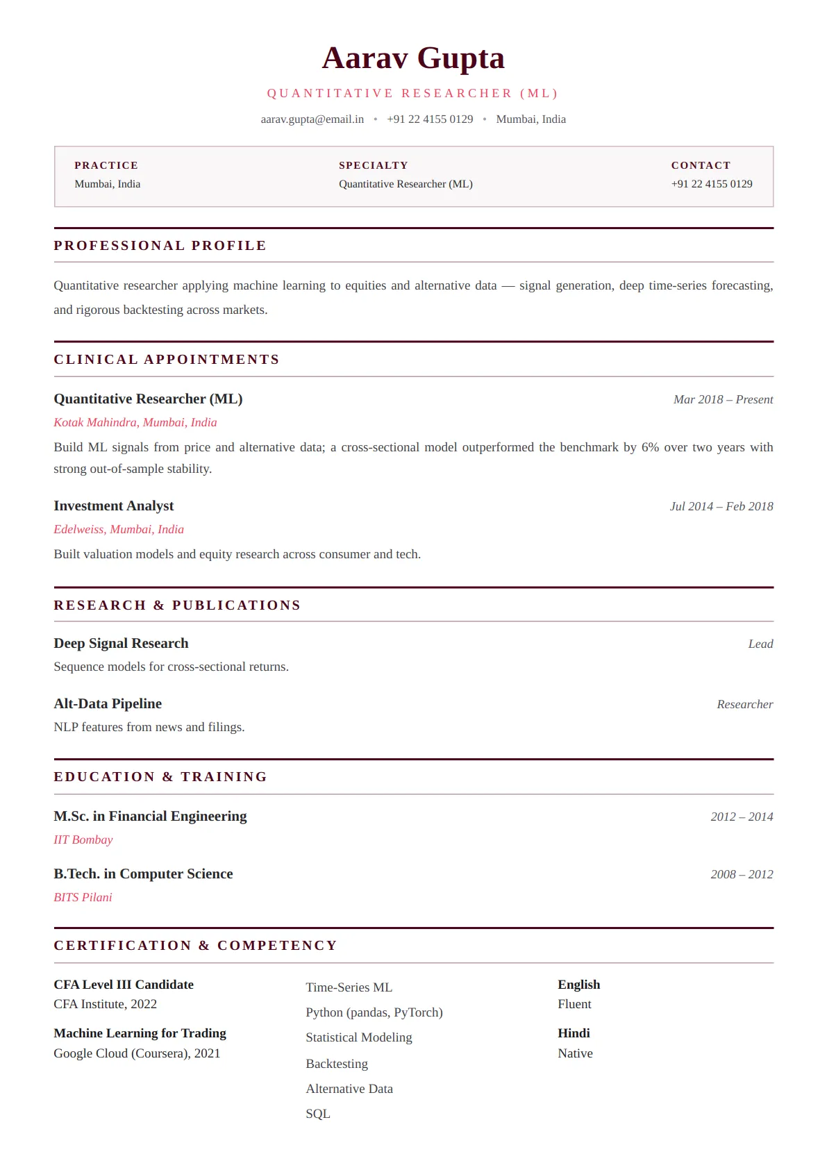 Medical Practitioner — Rose Modern — ATS-friendly healthcare resume template