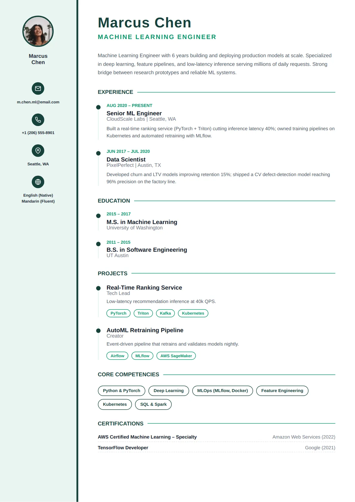 Thin Rail — Forest Calm — ATS-friendly resume template