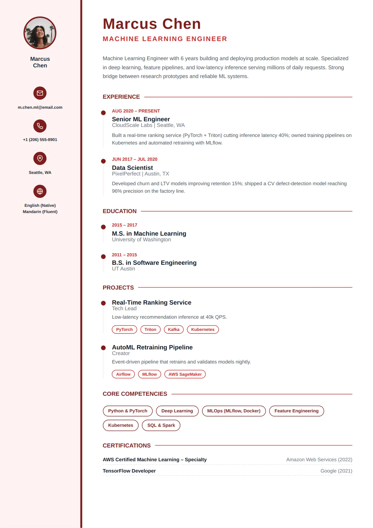 Thin Rail — Crimson Bold — ATS-friendly resume template