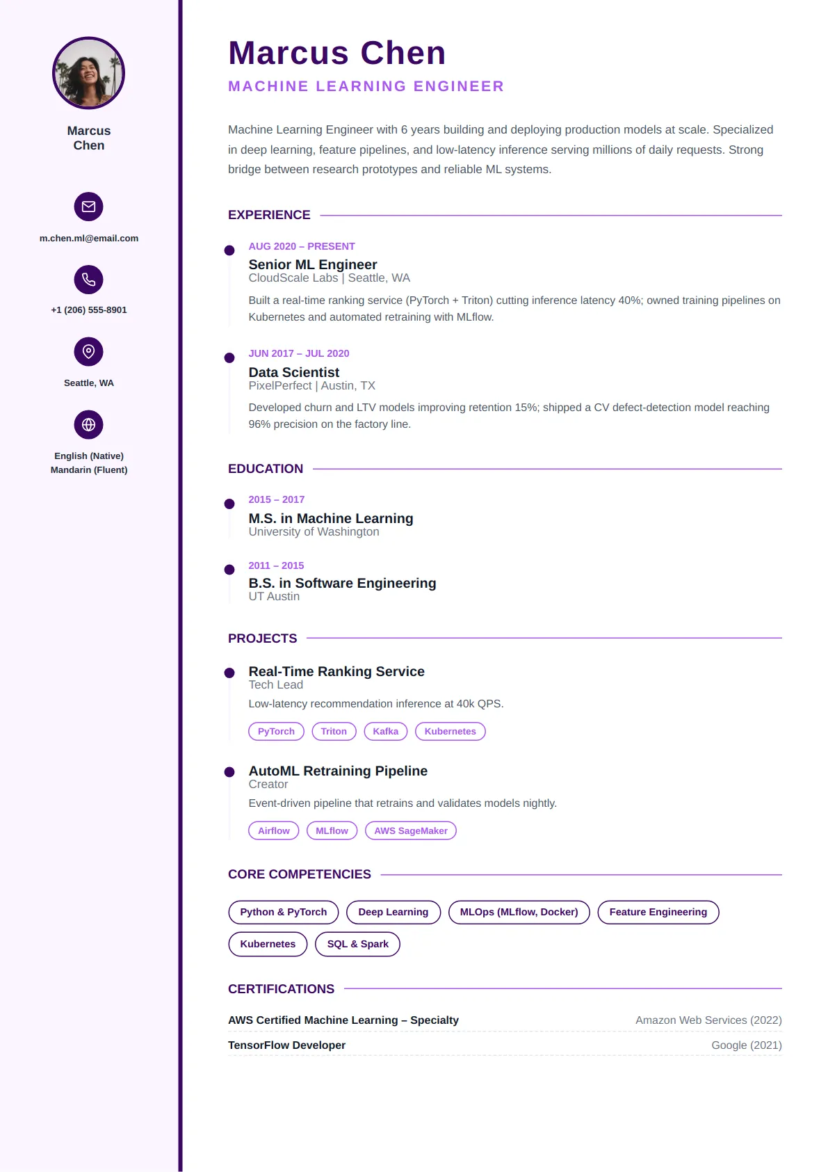 Thin Rail — Royal Purple — ATS-friendly resume template